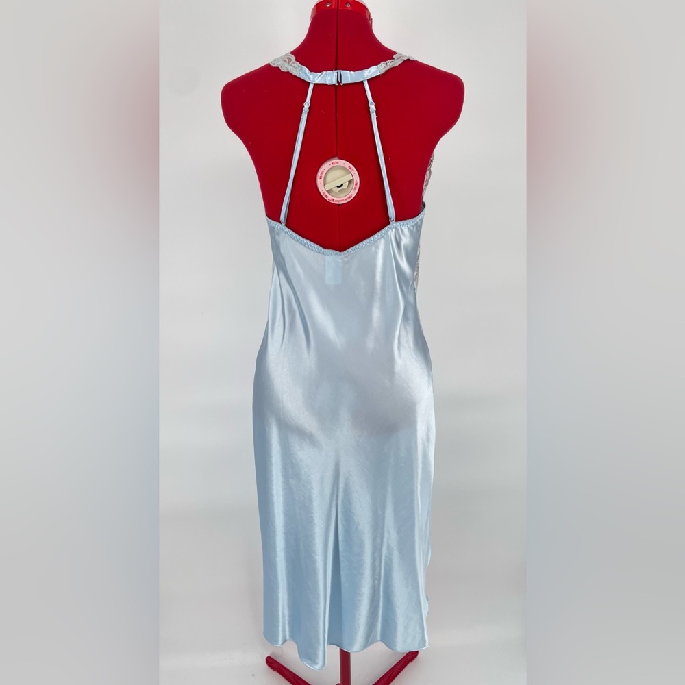 Icy Blue Lacey Satin Midi Length Slip Nightgown With Sheer Lace Panels - Picture 7 of 11